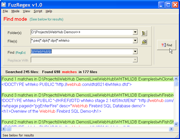 screenshot of FIND mode within FuzRegex find and replace utility